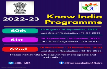 CALENDAR FOR 60TH TO 62ND EDITION OF KNOW INDIA PROGRAMME (KIP) IN FINANCIAL YEAR 2022-23